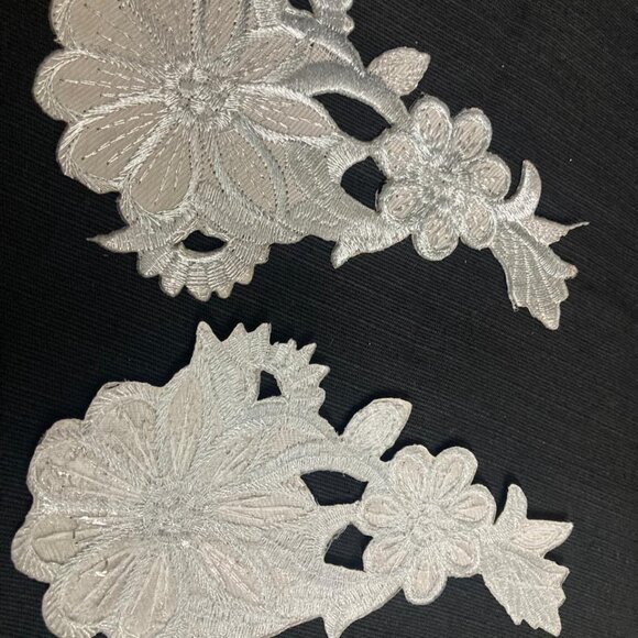 Kids Embroidery Patches Iron On Applique Floral Gray Silver Patches - Picture 5 of 7